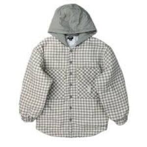 Pacsun Playboy Mens XS/S Jacket Plaid Gray Hood Quilt Lined Pockets Runs Big